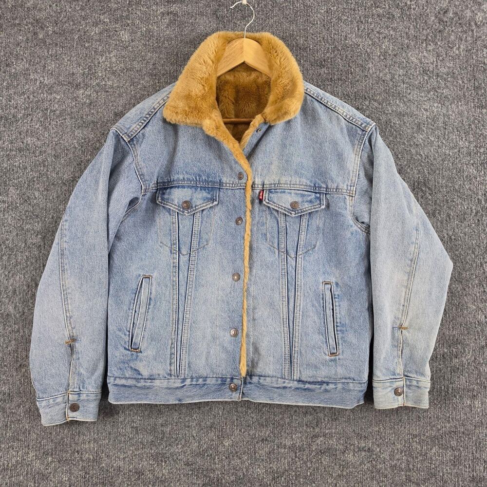 Levis Jacket Womens XS Oversized Reversible Faux Fur Trucker Bohemian Denim